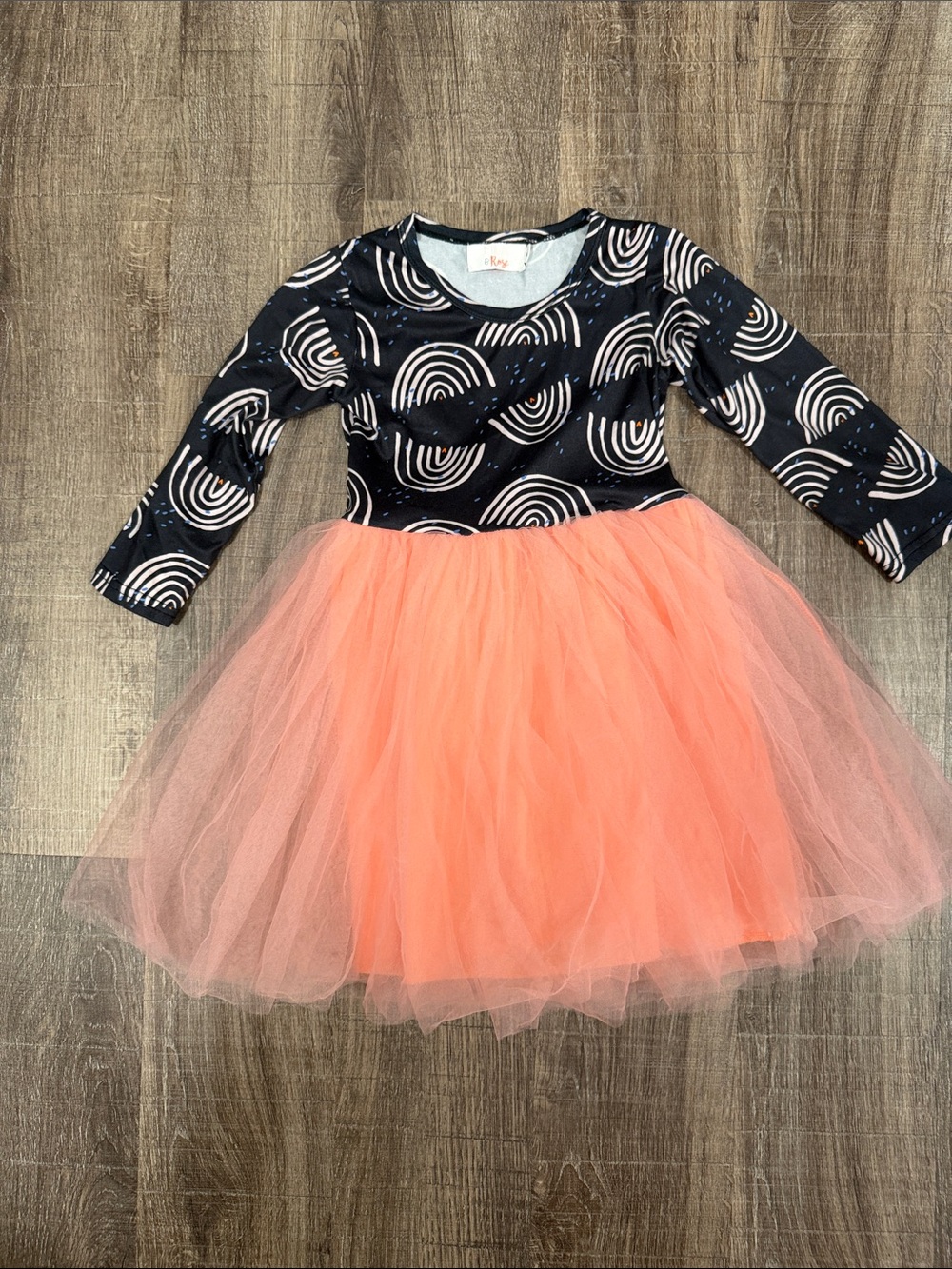 Girls Navy Rainbow Print Top with Coral Tulle Skirt Dress